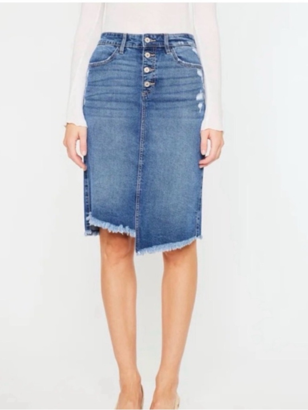 KanCan Florentine Asymmetrical Hem Distressed Denim Midi Skirt Exposed Fly Large